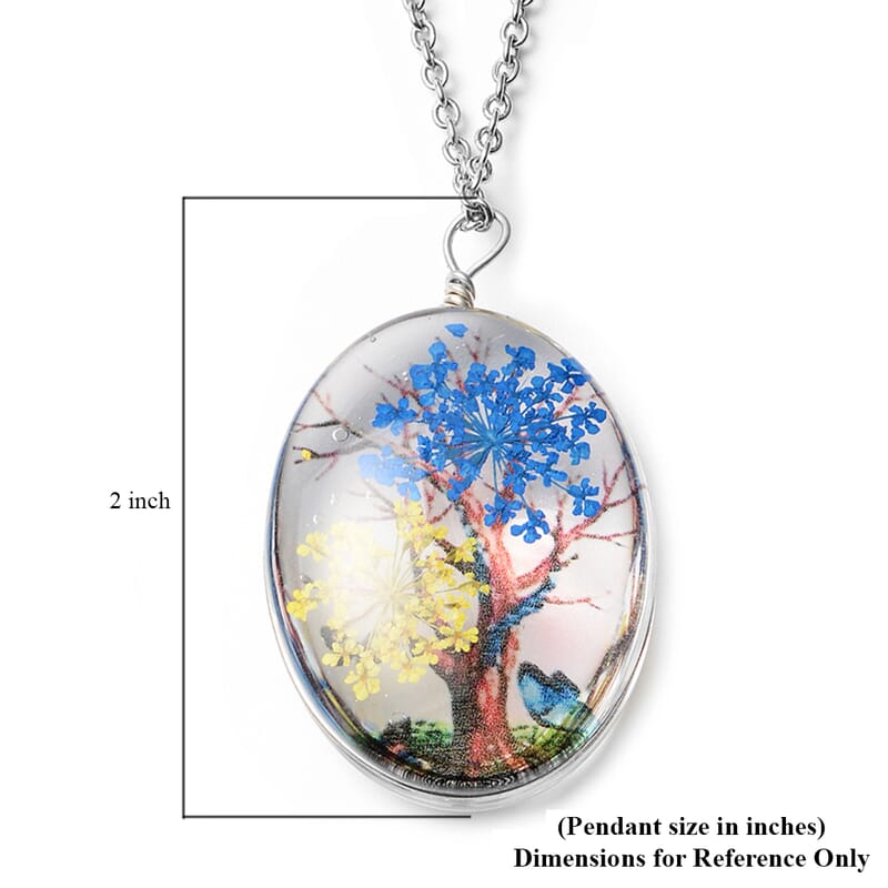 Set of 2 Pressed Flowers, Butterfly and Tree Pendant Necklace 24 Inches in Silvertone and Stainless Steel