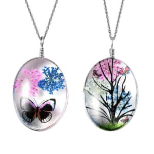 Set of 2 Pressed Flowers Pendant in Silvertone with Stainless Steel Necklace 24 Inches