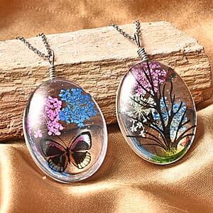 Set of 2 Pressed Flowers Pendant in Silvertone with Stainless Steel Necklace 24 Inches