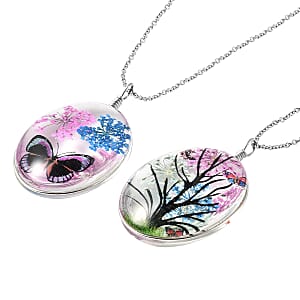 Set of 2 Pressed Flowers Pendant in Silvertone with Stainless Steel Necklace 24 Inches