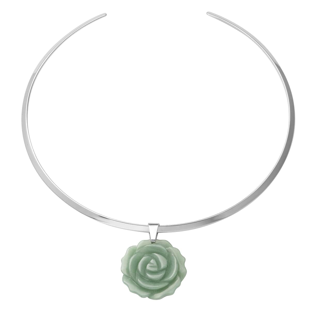 Green Aventurine Carved Rose Pendant with Choker Necklace 15 Inches in Stainless Steel 56.00 ctw image number 0