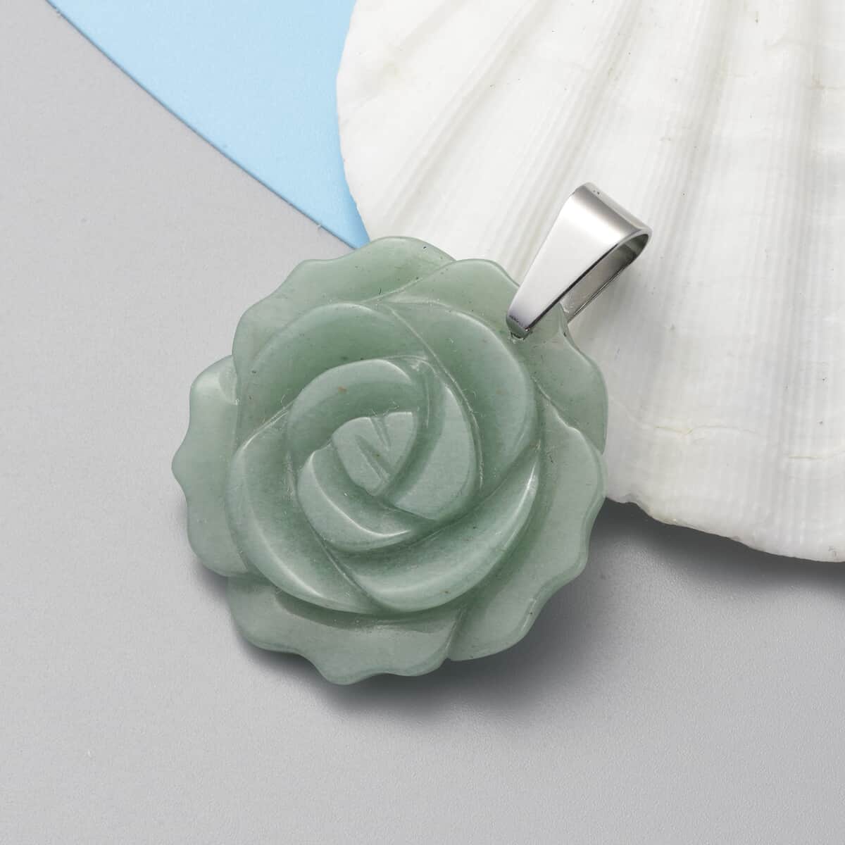 Green Aventurine Carved Rose Pendant with Choker Necklace 15 Inches in Stainless Steel 56.00 ctw image number 1