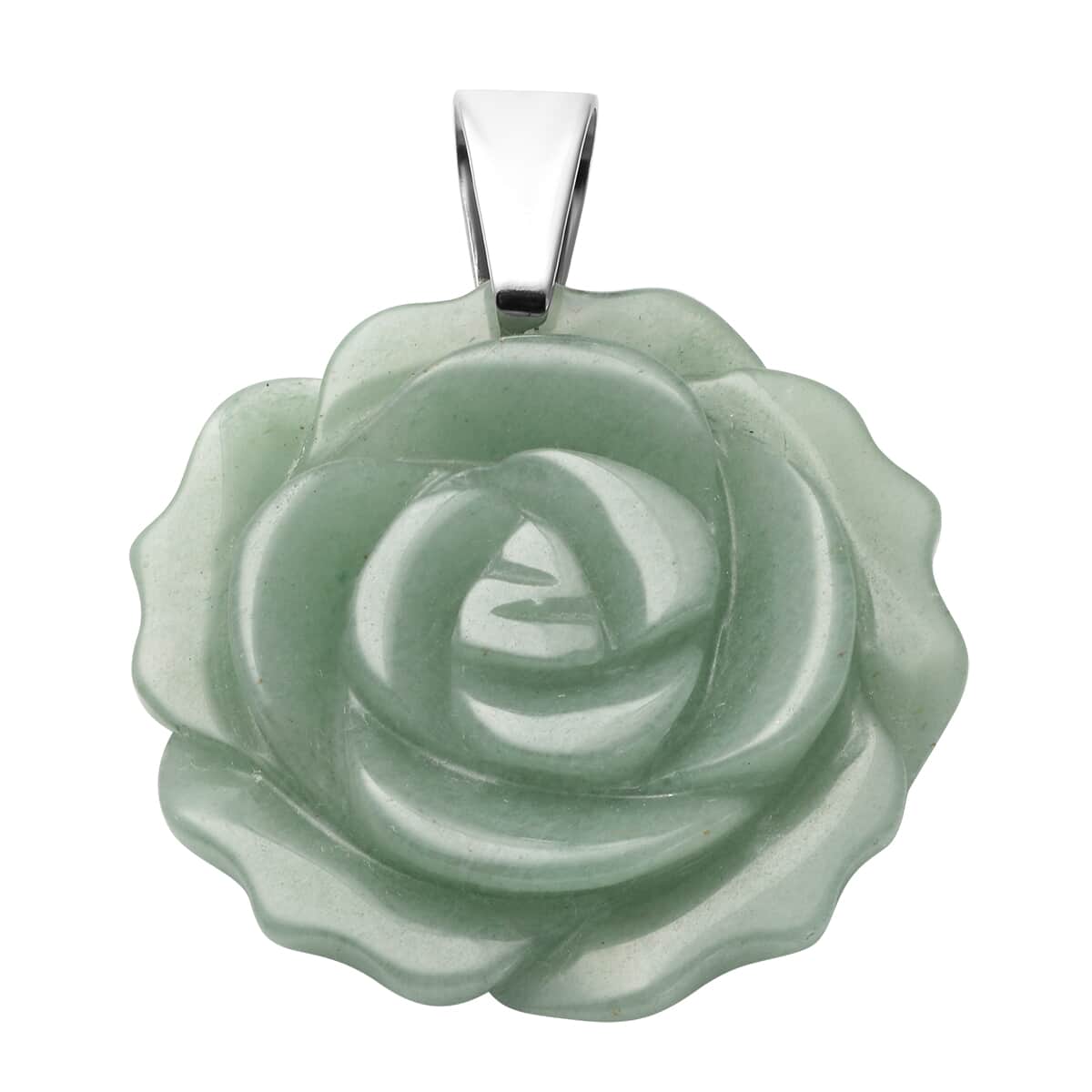 Green Aventurine Carved Rose Pendant with Choker Necklace 15 Inches in Stainless Steel 56.00 ctw image number 2