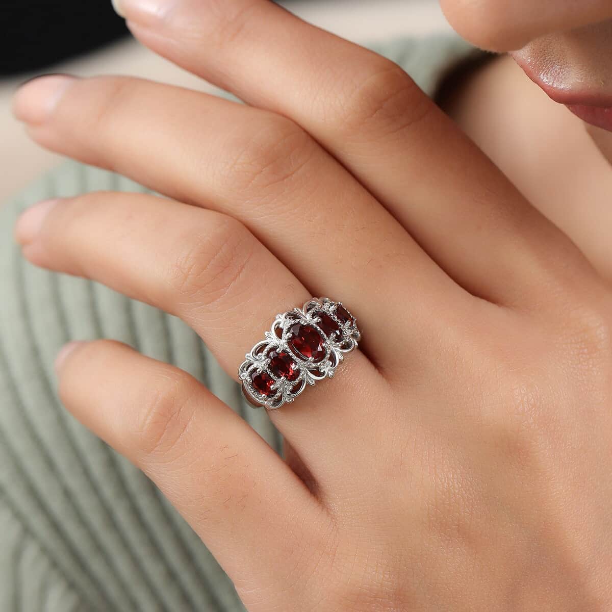 Karis Mozambique Garnet Ring in Platinum Bond, Five Stone Ring For Women, Engagement Rings 1.50 ctw (Size 10) image number 3