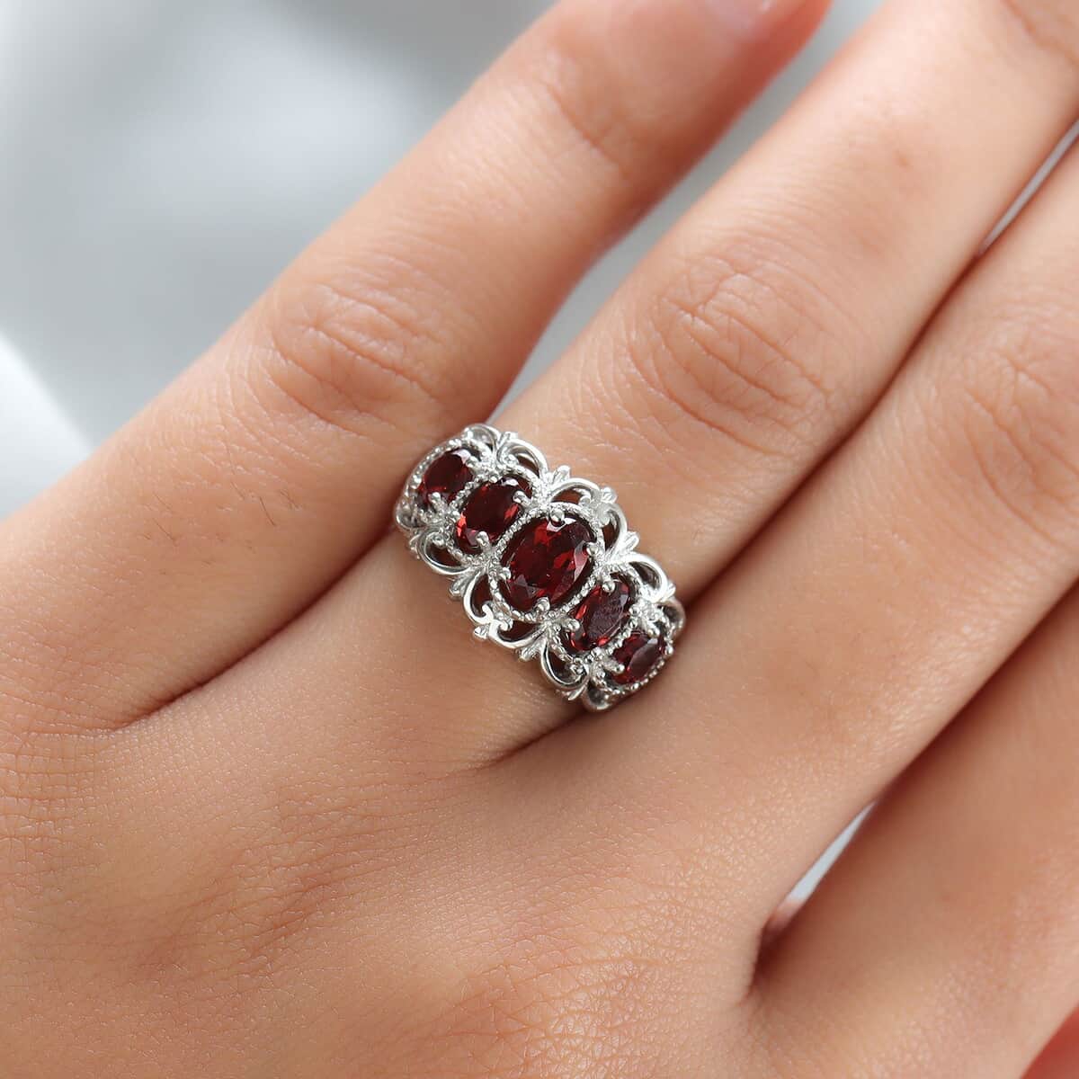 Karis Mozambique Garnet Ring in Platinum Bond, Five Stone Ring For Women, Engagement Rings 1.50 ctw (Size 10) image number 4