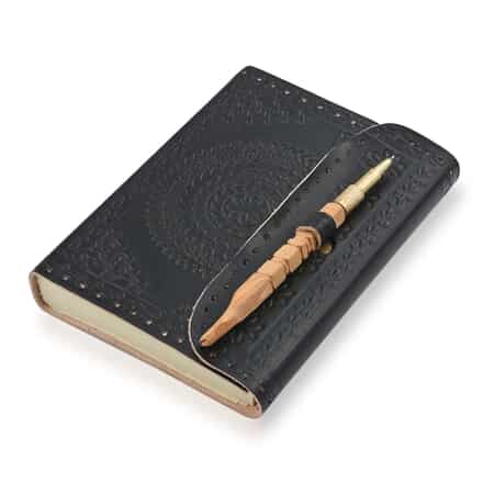 Handcrafted Floral Embossed 100% Genuine Leather Journal with Wooden Pen image number 3