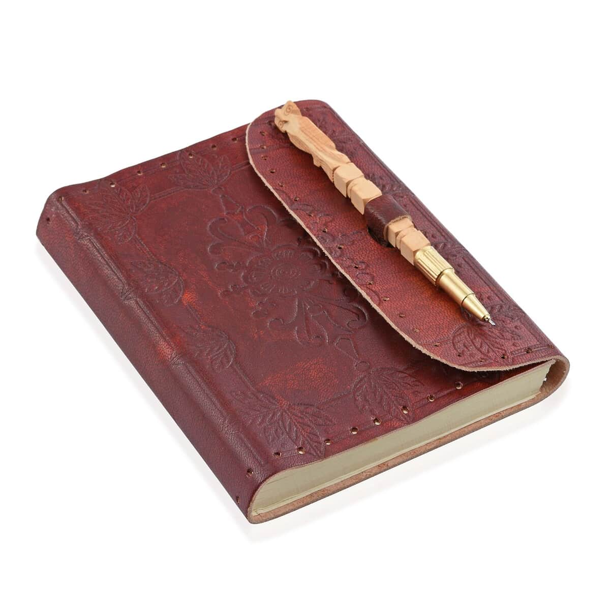 Handcrafted Floral Embossed 100% Genuine Leather Journal with Wooden Pen image number 0