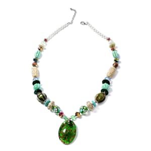 Green Murano Style and Multi Gemstone Pendant with Beaded Necklace 30 Inches in Silvertone 10.00 ctw