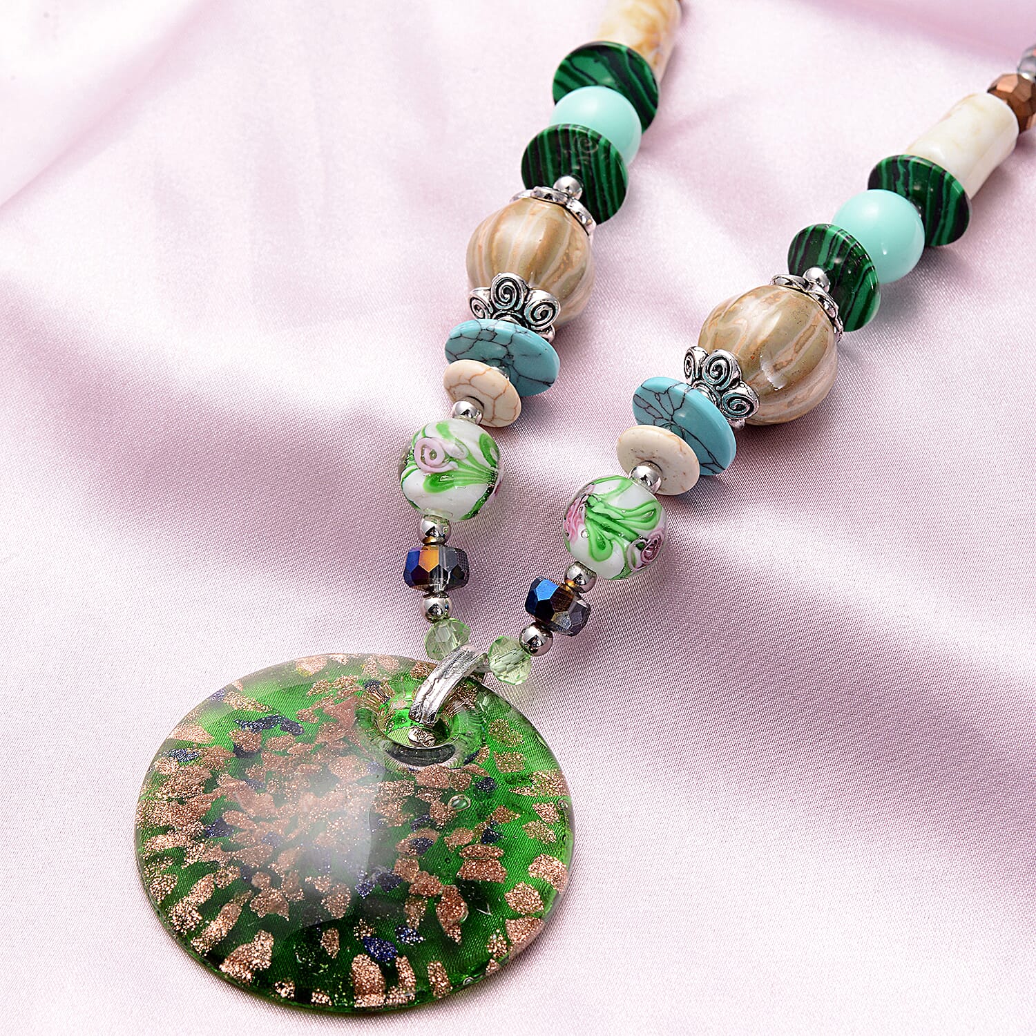 Green Murano Style and Multi Gemstone Pendant with Beaded Necklace 30 Inches in Silvertone 10.00 ctw