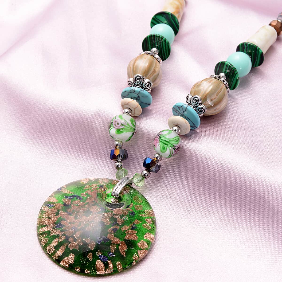 Green Murano Style and Multi Gemstone Pendant with Beaded Necklace 30 Inches in Silvertone 10.00 ctw image number 1