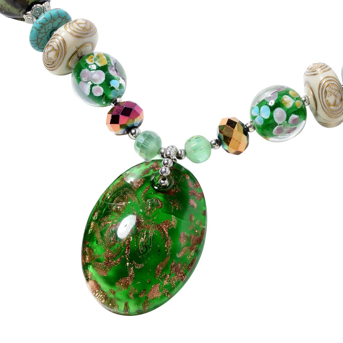 Green Murano Style and Multi Gemstone Pendant with Beaded Necklace 30 Inches in Silvertone 10.00 ctw image number 2
