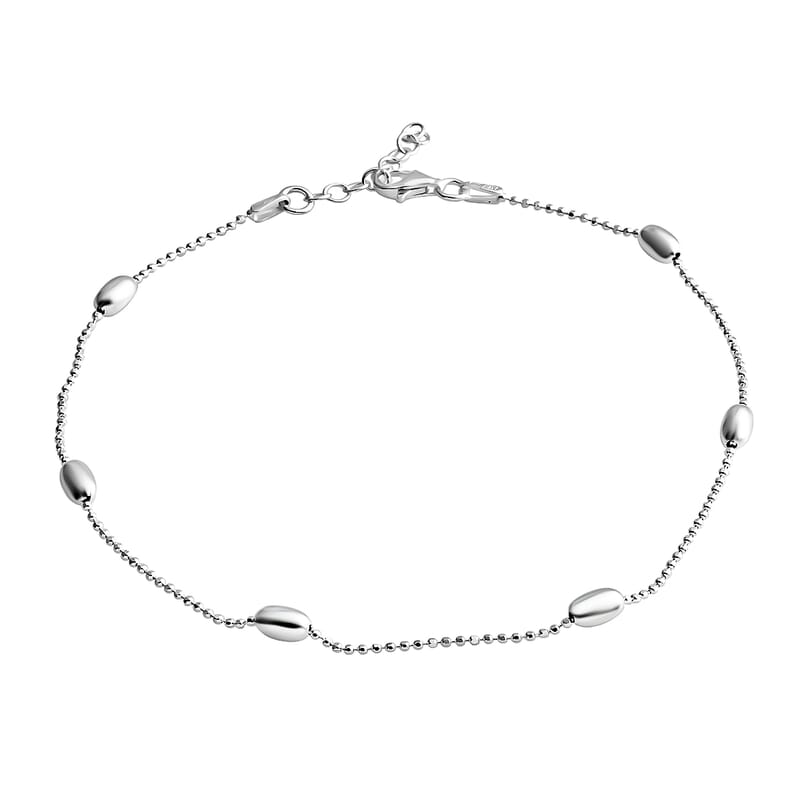 Sterling Silver Beaded Tube Station Anklet (10 in) 3.10 Grams