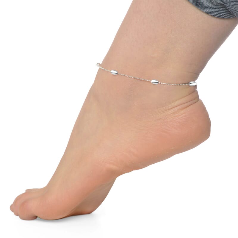 Sterling Silver Beaded Tube Station Anklet (10 in) 3.10 Grams