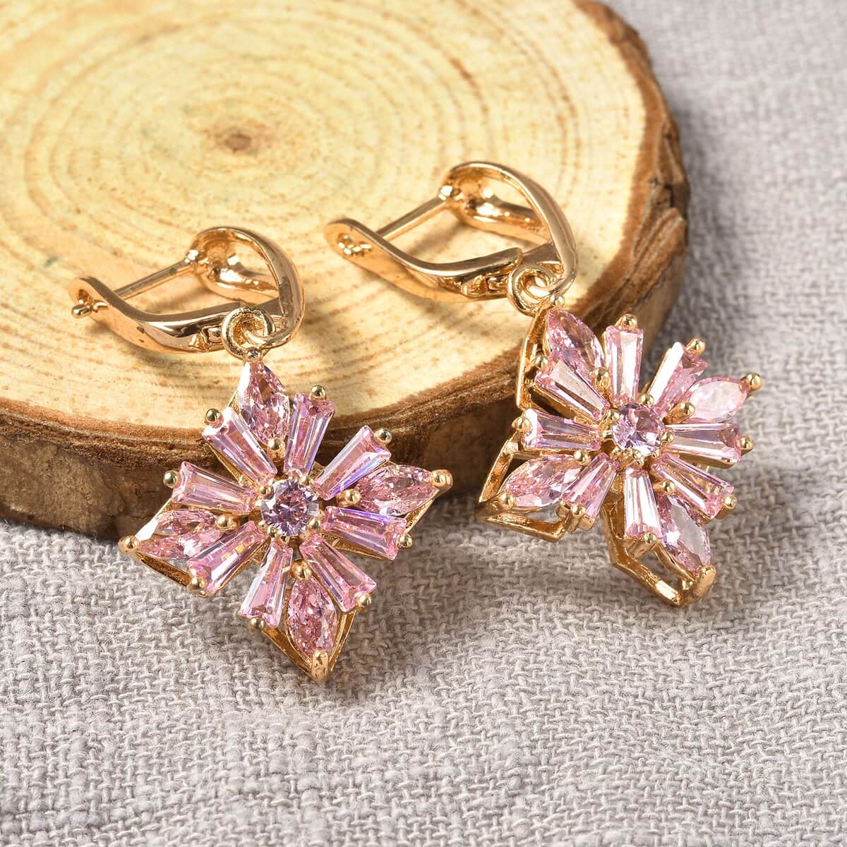 Simulated Pink Diamond Latch Back Earrings in Goldtone image number 1