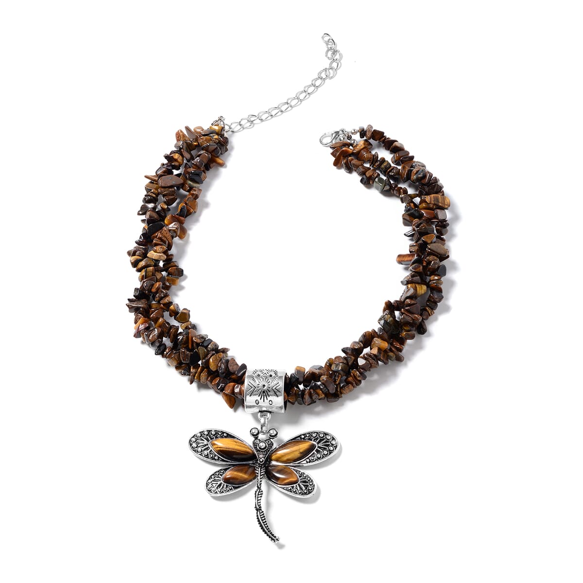 South African Tigers Eye Dragonfly Pendant Necklace 18 Inches in Black Oxidized Silvertone 612.00 ctw image number 0