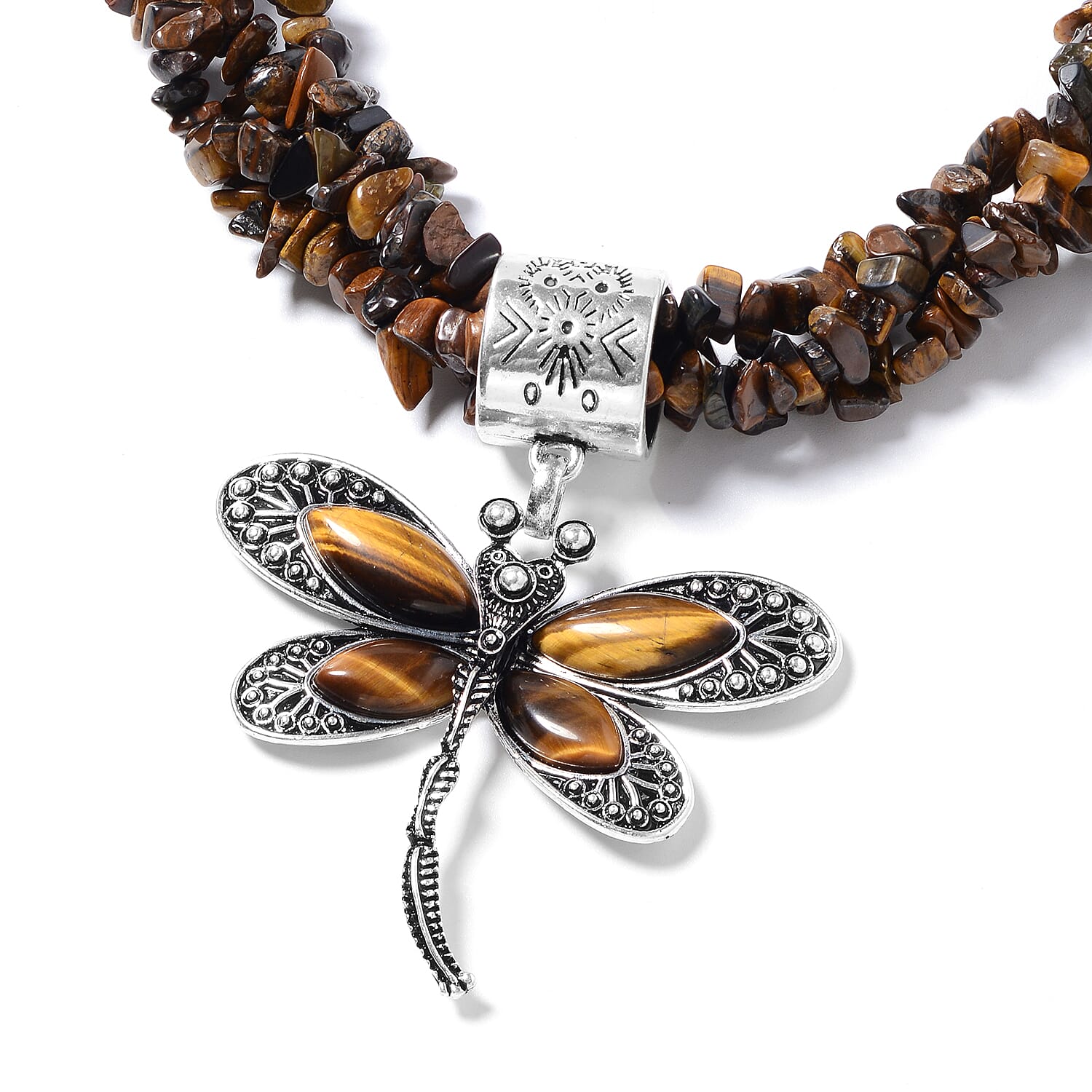 South African Tigers Eye Dragonfly Pendant Necklace 18 Inches in Black Oxidized Silvertone 612.00 ctw
