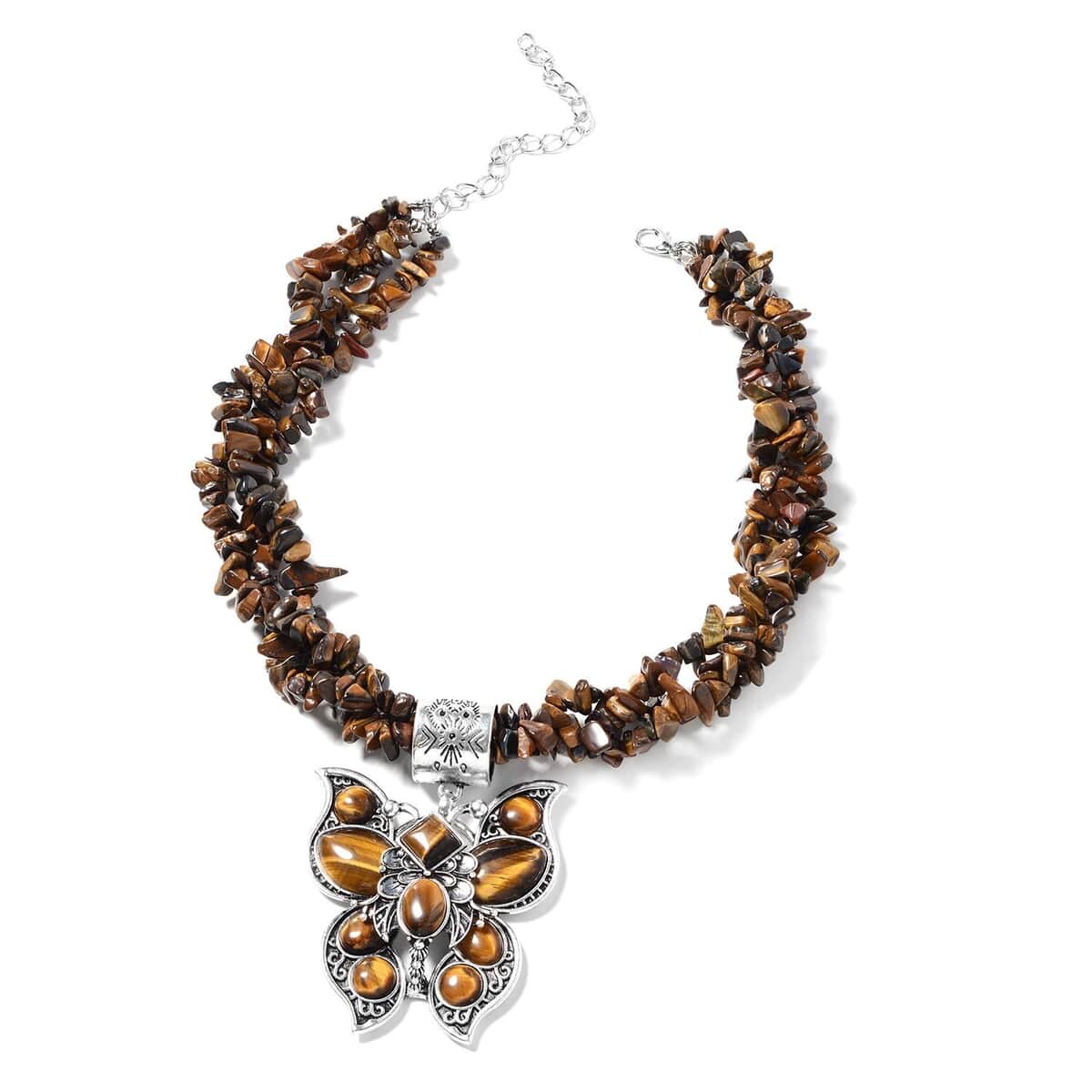 Tiger's Eye With Necklace in Black Oxidized Silvertone, Butterfly Pendant (18-22 Inches) 736.00 ctw image number 0