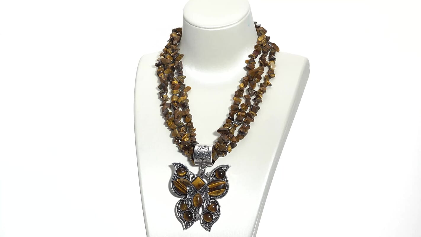 Tiger's Eye With Necklace in Black Oxidized Silvertone, Butterfly Pendant (18-22 Inches) 736.00 ctw
