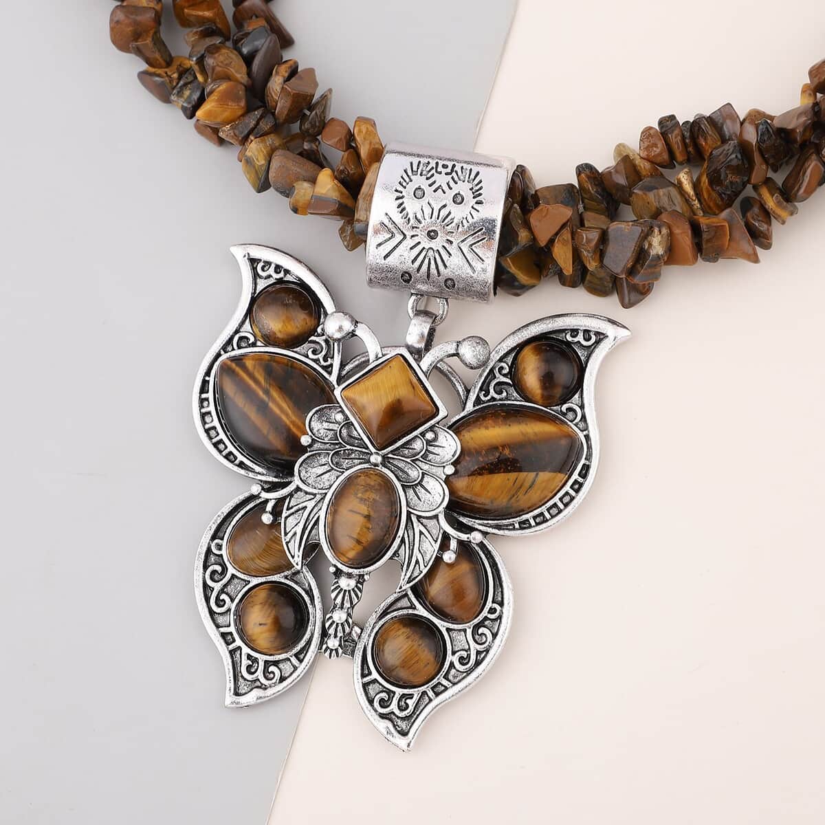 Tiger's Eye With Necklace in Black Oxidized Silvertone, Butterfly Pendant (18-22 Inches) 736.00 ctw image number 1