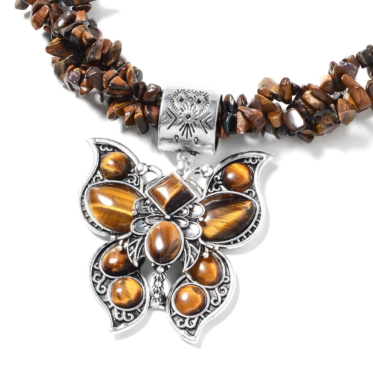 Tiger's Eye With Necklace in Black Oxidized Silvertone, Butterfly Pendant (18-22 Inches) 736.00 ctw image number 2