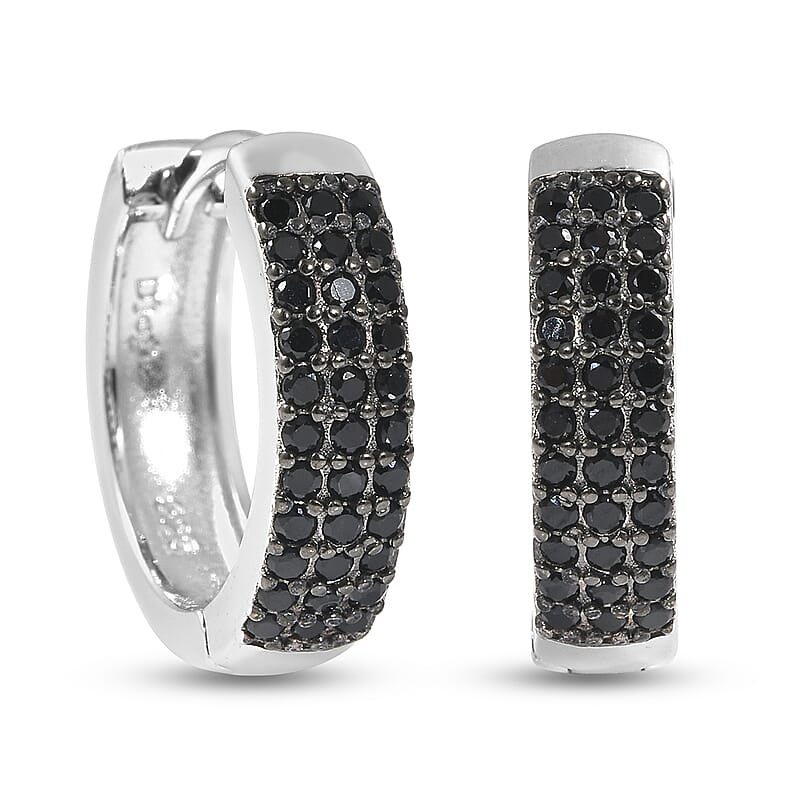 Thai Black Spinel 0.75 ctw Hoop Earrings in Black Rhodium and Sterling Silver