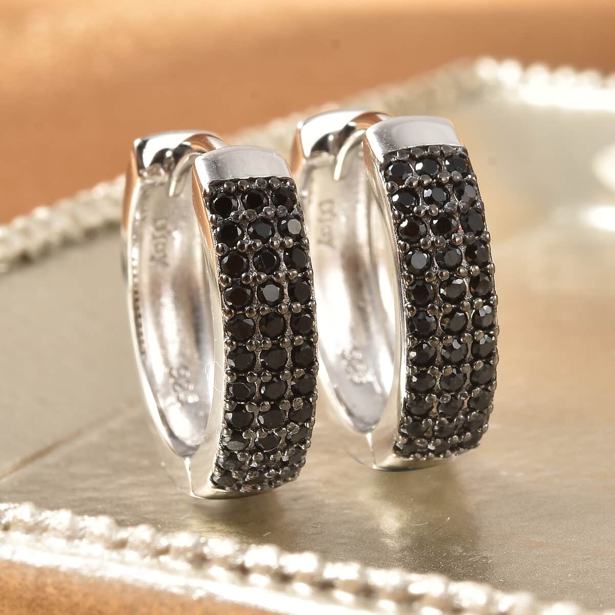 Natural Black Spinel 0.75 ctw Earrings in Black Rhodium Plated Sterling Silver, Thai Spinel Black Hoops, Silver Jewelry Gifts For Women image number 1