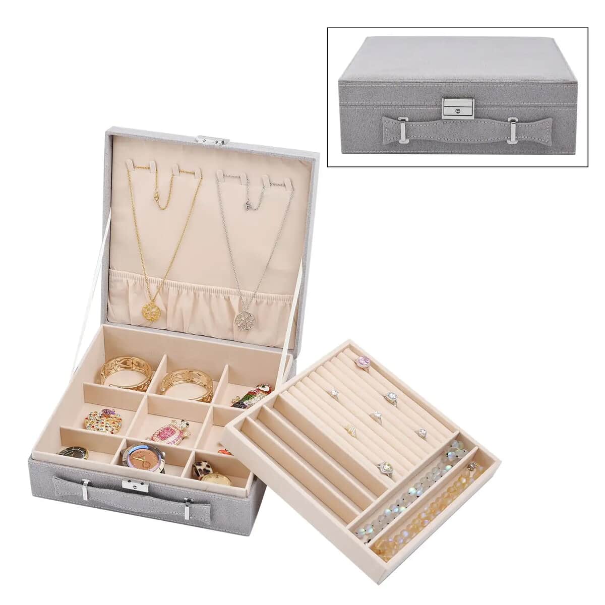 Gray Faux Velvet Briefcase Style 2-tier Jewelry Box, Scratch resistant and Anti-Tarnish Jewelry Storage Box, Anti Tarnish Jewelry Case, Jewelry Organizer (Approx 60 Rings, etc.) image number 0