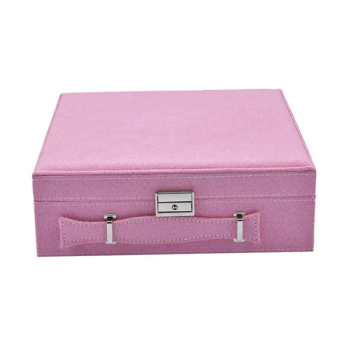 Pink Faux Velvet Briefcase Style 2-tier Jewelry Box, Scratch resistant and Anti-Tarnish Jewelry Storage Box, Anti Tarnish Jewelry Case, Jewelry Organizer (Approx 60 Rings, etc.) image number 0