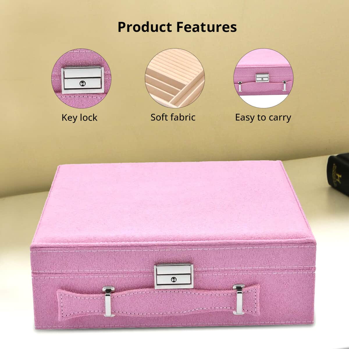 Pink Faux Velvet Briefcase Style 2-tier Jewelry Box, Scratch resistant and Anti-Tarnish Jewelry Storage Box, Anti Tarnish Jewelry Case, Jewelry Organizer (Approx 60 Rings, etc.) image number 3