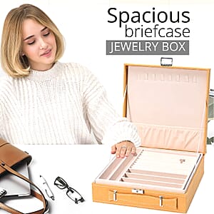 Mustard Faux Velvet Briefcase Style 2-tier Jewelry Box, Scratch resistant and Anti-Tarnish Jewelry Storage Box, Anti Tarnish Jewelry Case, Jewelry Organizer (Approx 60 Rings, etc.)