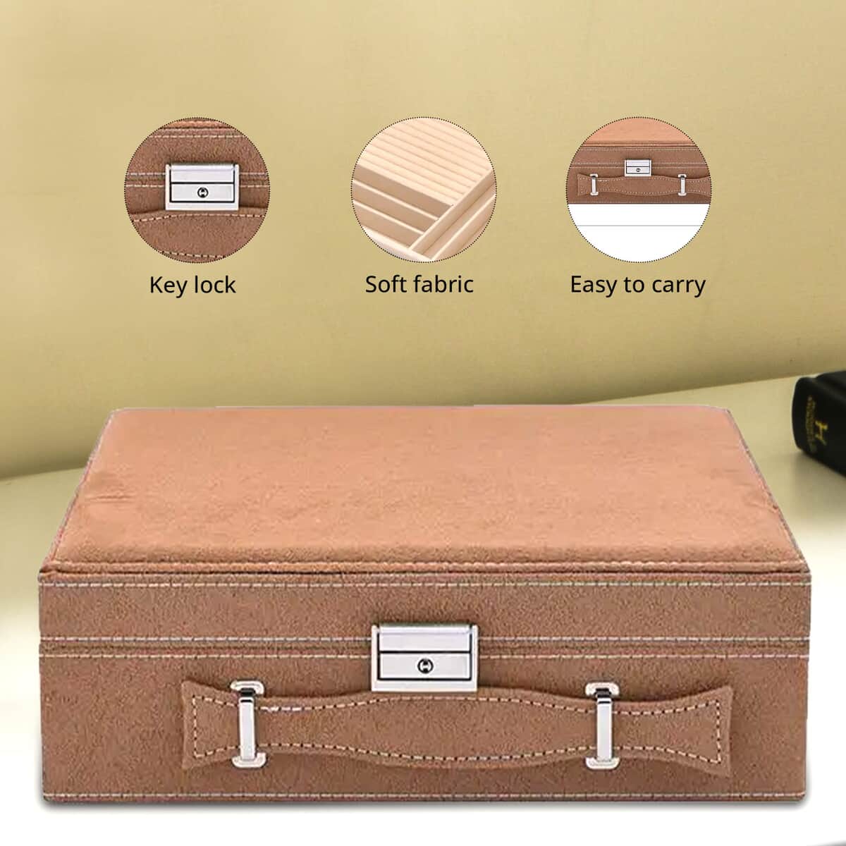 Taupe Faux Velvet Briefcase Style 2-tier Jewelry Box, Scratch resistant and Anti-Tarnish Jewelry Storage Box, Anti Tarnish Jewelry Case, Jewelry Organizer (Approx 60 Rings, etc.) image number 3