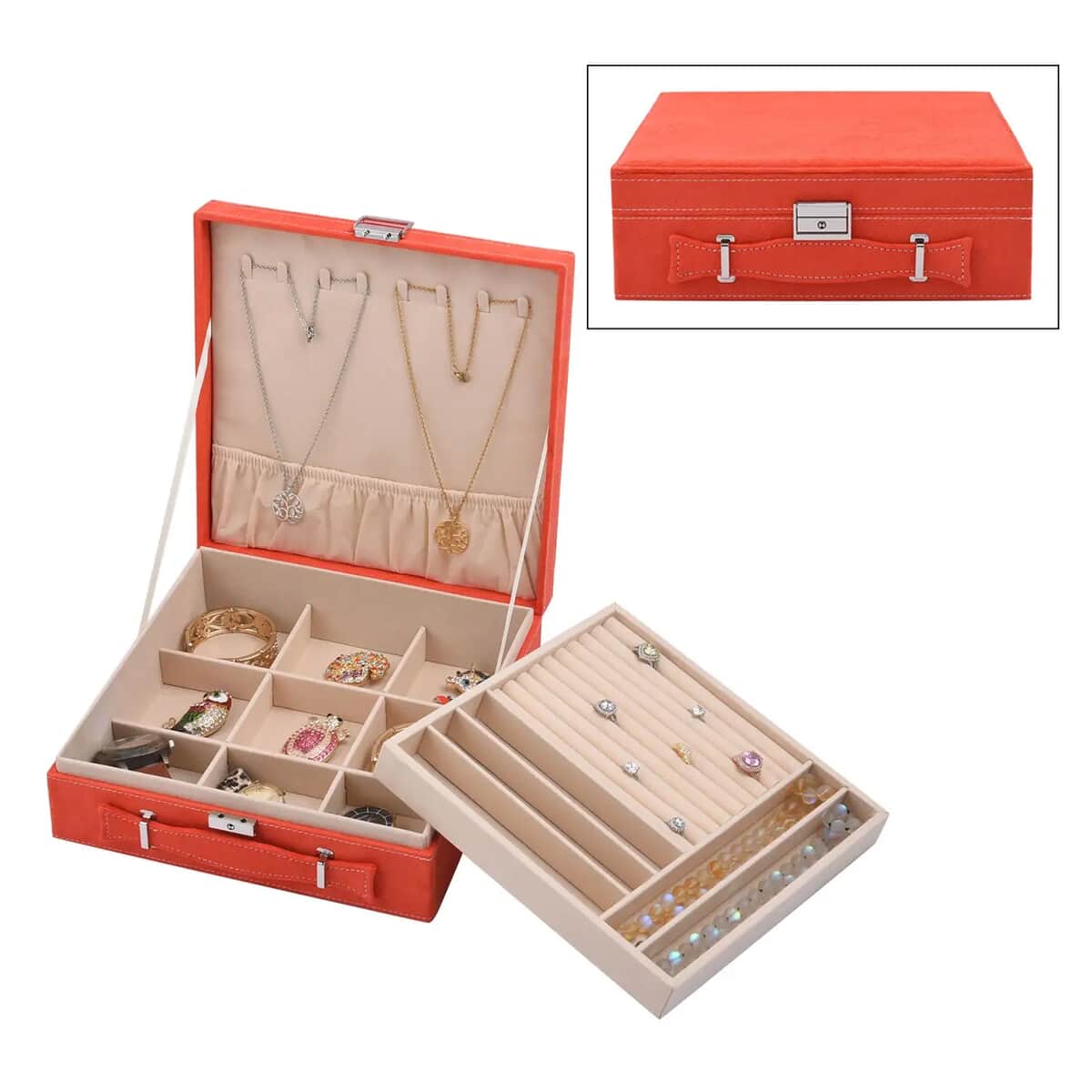Orange Faux Velvet Briefcase Style 2-tier Jewelry Box, Scratch resistant and Anti-Tarnish Jewelry Storage Box, Anti Tarnish Jewelry Case, Jewelry Organizer (Approx 60 Rings, etc.) image number 0