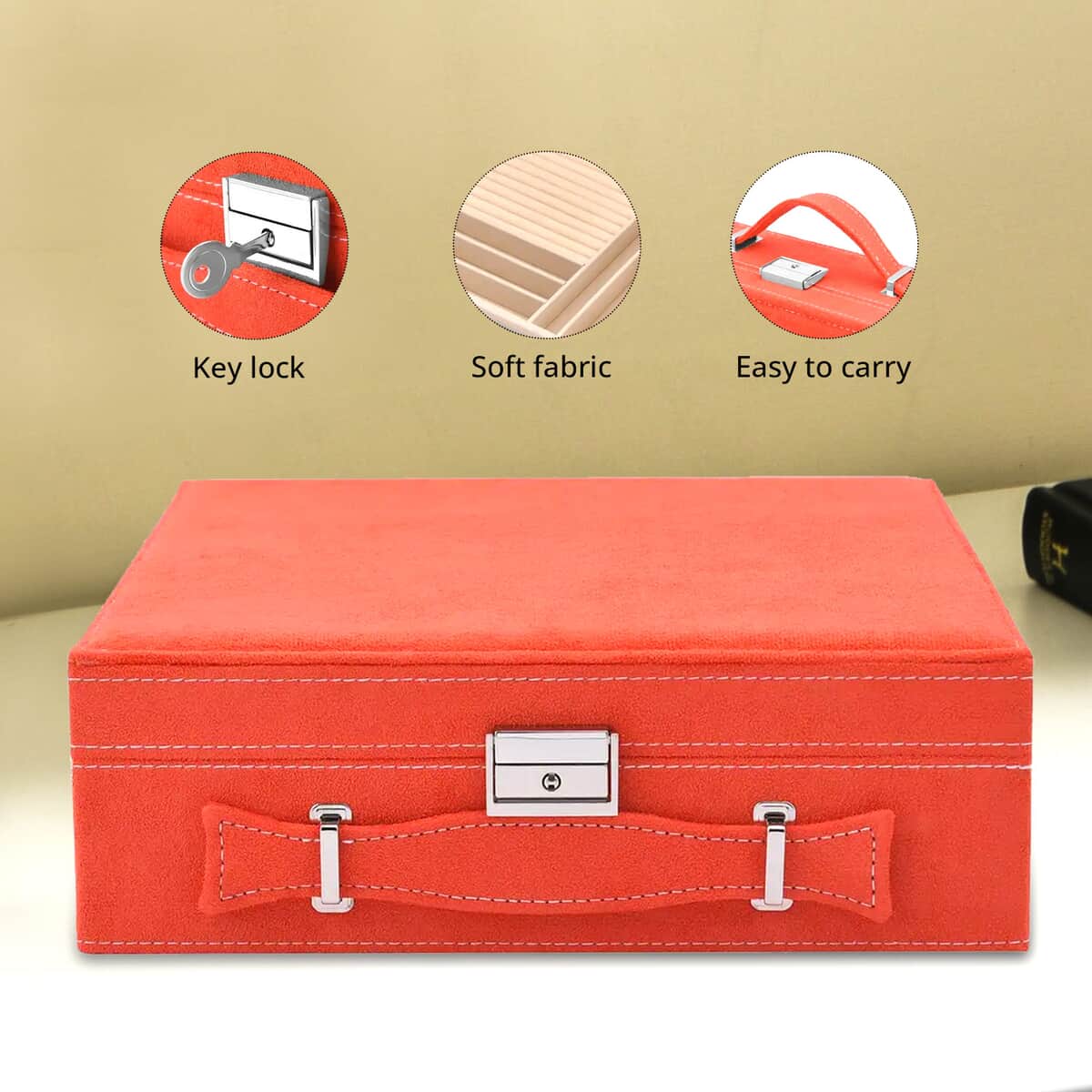 Orange Faux Velvet Briefcase Style 2-tier Jewelry Box, Scratch resistant and Anti-Tarnish Jewelry Storage Box, Anti Tarnish Jewelry Case, Jewelry Organizer (Approx 60 Rings, etc.) image number 3