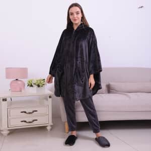 Homesmart Black 100% Polyester Flannel Hooded Moon Shape Robe with Zipper (One Size) and Matching Anti Slip Rubber Slippers (11 in)