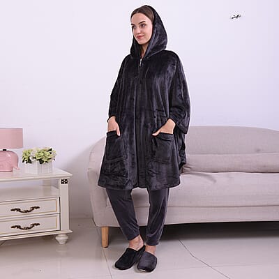 Homesmart Black 100% Polyester Flannel Hooded Moon Shape Robe with Zipper (One Size) and Matching Anti Slip Rubber Slippers (11 in)