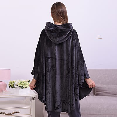 Homesmart Black 100% Polyester Flannel Hooded Moon Shape Robe with Zipper (One Size) and Matching Anti Slip Rubber Slippers (11 in)