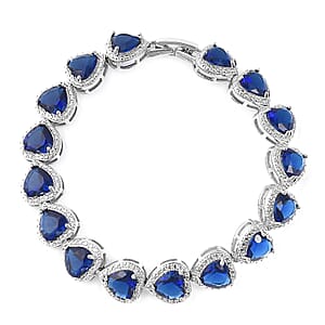 Simulated Blue Diamond Heart Bracelet in Silvertone (7.00 In)