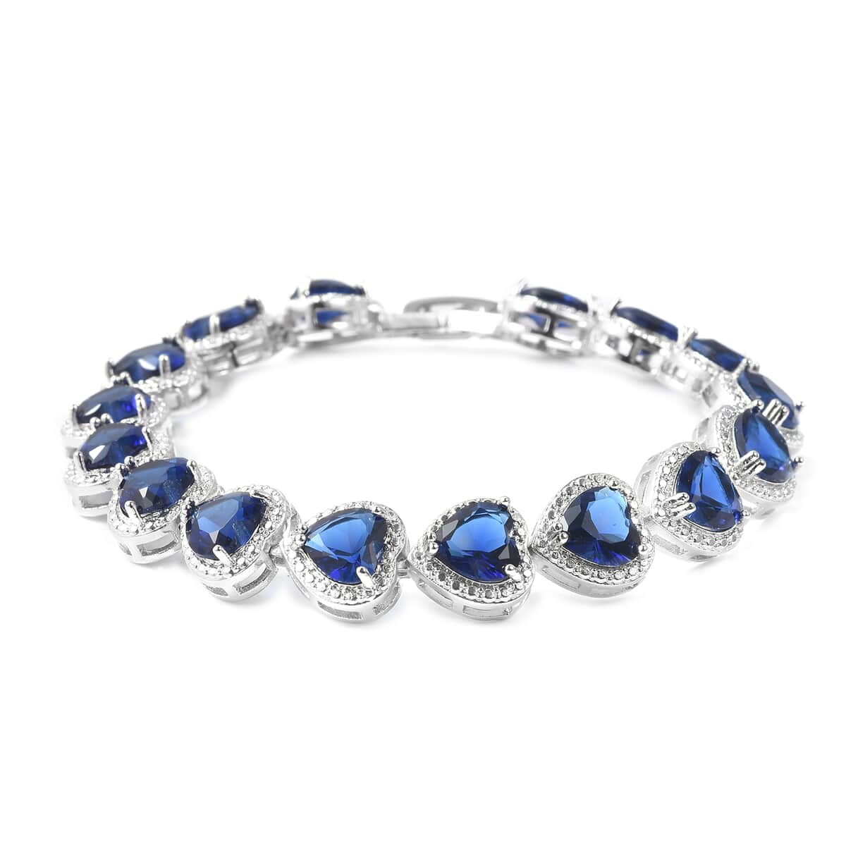 Simulated Blue Diamond Heart Bracelet in Silvertone (7.00 In) image number 3