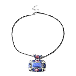 Lapis Lazuli Bead Pendant Necklace in Stainless Steel, Enameled Pendant With Bead Necklace 60.25 ctw (18 Inches)
