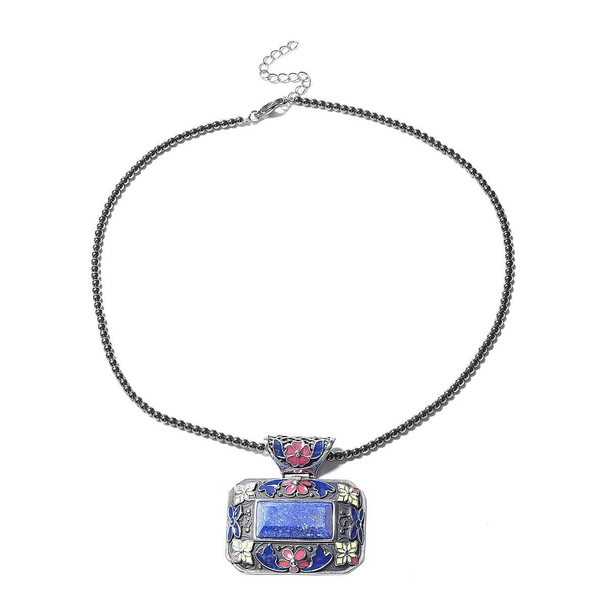 60.25 ctw Lapis Lazuli and Enameled Pendant With Hematite Beaded Necklace 18 Inch in Stainless Steel image number 0