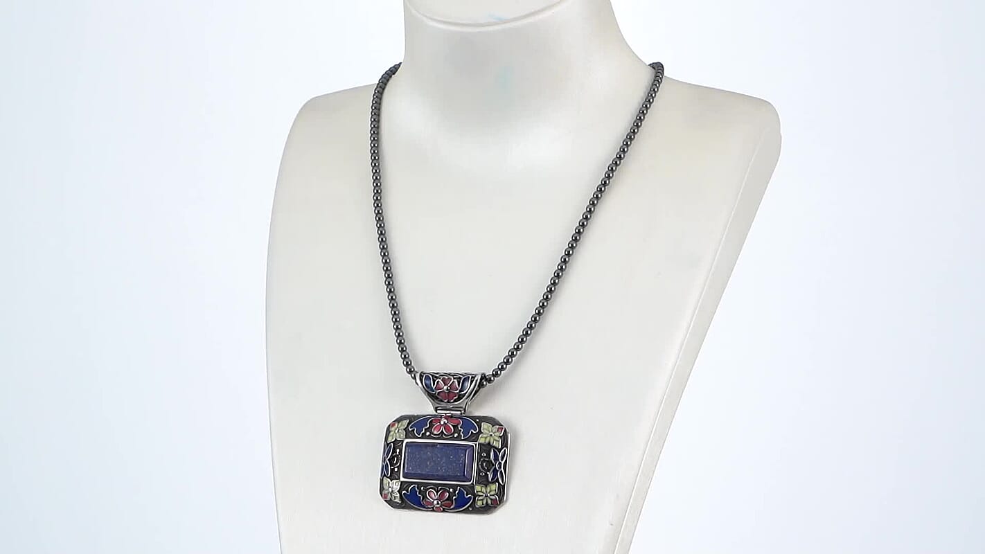 60.25 ctw Lapis Lazuli and Enameled Pendant With Hematite Beaded Necklace 18 Inch in Stainless Steel