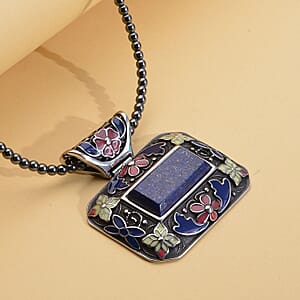 Lapis Lazuli Bead Pendant Necklace in Stainless Steel, Enameled Pendant With Bead Necklace 60.25 ctw (18 Inches)