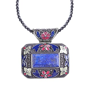 Lapis Lazuli Bead Pendant Necklace in Stainless Steel, Enameled Pendant With Bead Necklace 60.25 ctw (18 Inches)