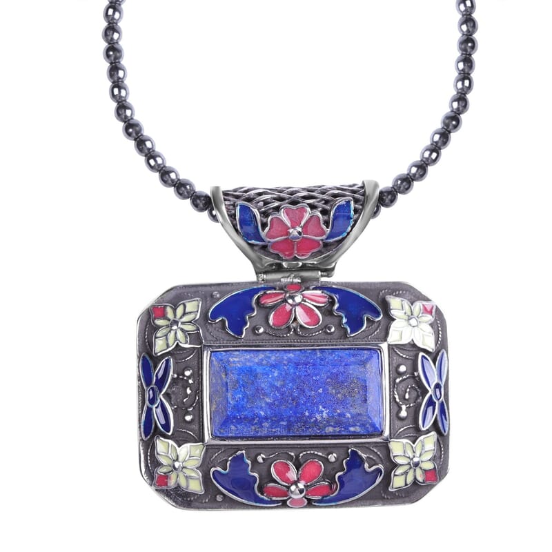 Lapis Lazuli Bead Pendant Necklace in Stainless Steel, Enameled Pendant With Bead Necklace 60.25 ctw (18 Inches)