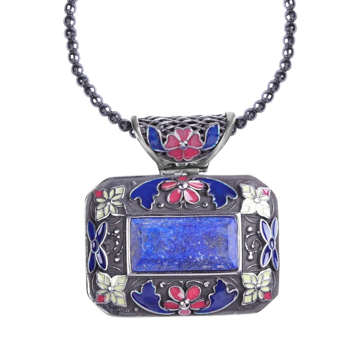 60.25 ctw Lapis Lazuli and Enameled Pendant With Hematite Beaded Necklace 18 Inch in Stainless Steel image number 2