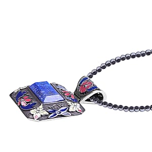 Lapis Lazuli Bead Pendant Necklace in Stainless Steel, Enameled Pendant With Bead Necklace 60.25 ctw (18 Inches)