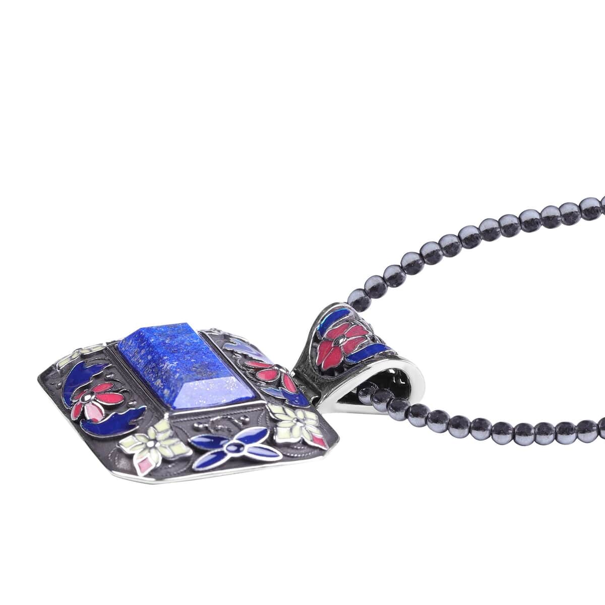 Lapis Lazuli Bead Pendant Necklace in Stainless Steel, Enameled Pendant With Bead Necklace 60.25 ctw (18 Inches) image number 3