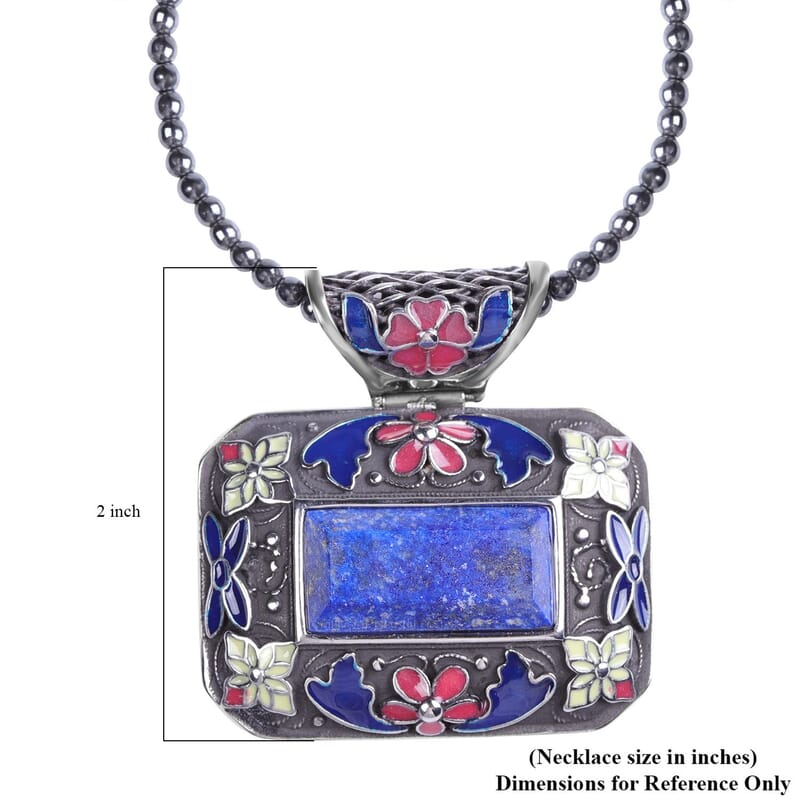 Lapis Lazuli Bead Pendant Necklace in Stainless Steel, Enameled Pendant With Bead Necklace 60.25 ctw (18 Inches)