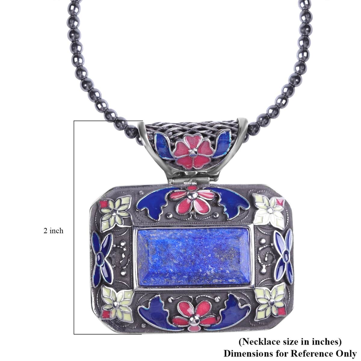 60.25 ctw Lapis Lazuli and Enameled Pendant With Hematite Beaded Necklace 18 Inch in Stainless Steel image number 5