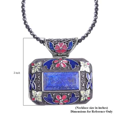 60.25 ctw Lapis Lazuli and Enameled Pendant With Hematite Beaded Necklace 18 Inch in Stainless Steel image number 5